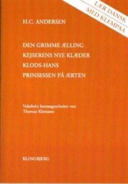 Rød forside af H.C.Andersen 4 eventyr med tyske gloser: Den grimme ælling; Kejserens nye klæder; Klods-Hans; Prinsessen på ærten
